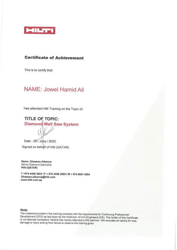 HILTI Qatar attendance certificate for Diamond Wall Saw System training, 25 June 2020 (first)
