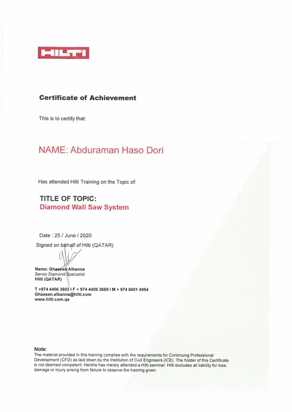 HILTI Qatar attendance certificate for Diamond Wall Saw System training, 25 June 2020 (second)