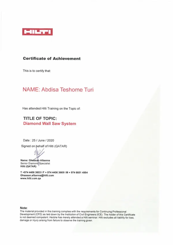HILTI Qatar attendance certificate for Diamond Wall Saw System training, 25 June 2020 (third)