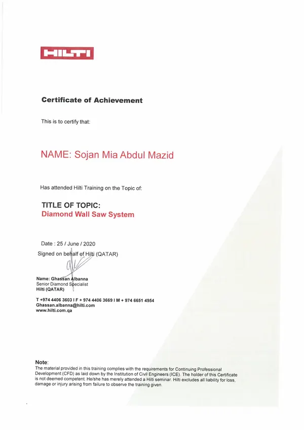 HILTI Qatar attendance certificate for Diamond Wall Saw System training, 25 June 2020 (fourth)
