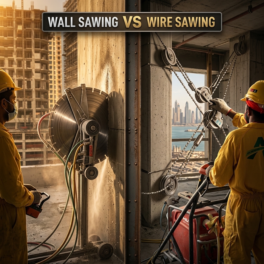 شاشة مقسمة توضح منشار الأرضيات ومنشار الجدران لطرق قص الخرسانة في قطر